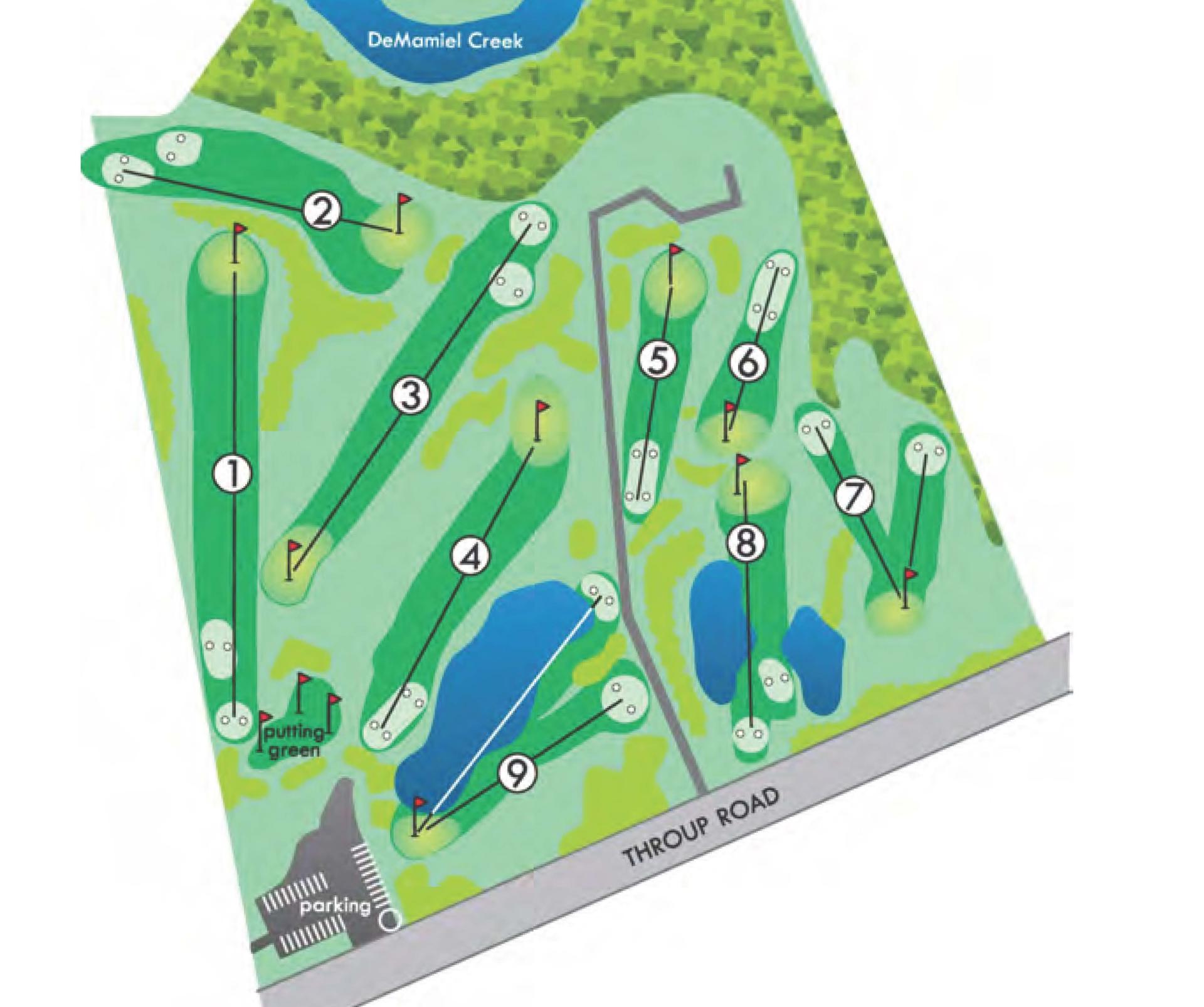 Map of the golf course with numbered holes 1 to 9